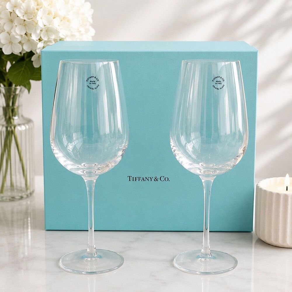 Tiffany & Co Crystal Wine Glasses Set of 2 Made in Italy NIB 9.25”